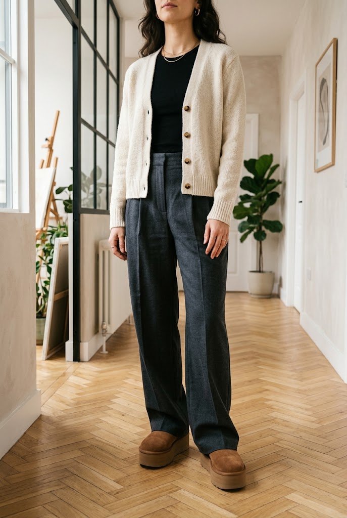 Platform UGG boots with wide-leg tailored trousers for platform uggs outfit ideas.
