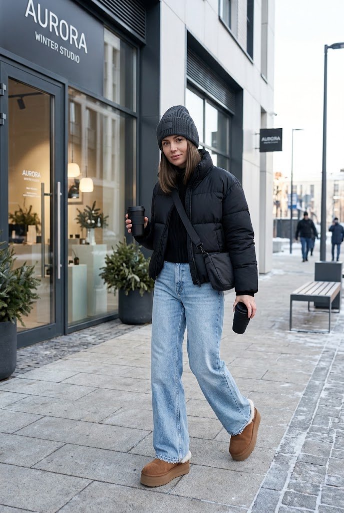 Platform UGG boots with light wash wide leg jeans for platform uggs outfit ideas.