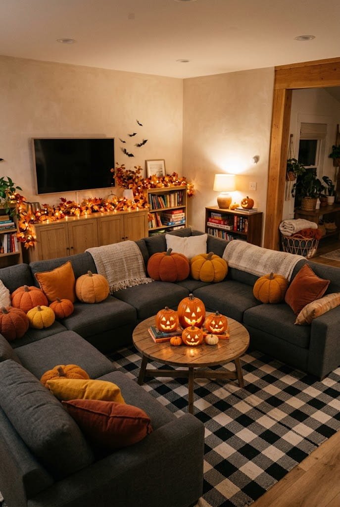 Charcoal sectional with pumpkin pillows and glowing center table for living room halloween decor ideas.