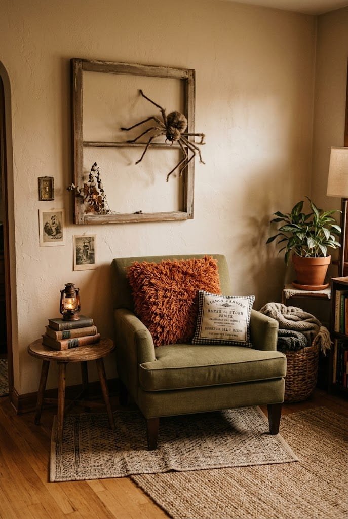 Cozy armchair nook with antique window frame and shaggy pillow for cozy living room halloween decor.