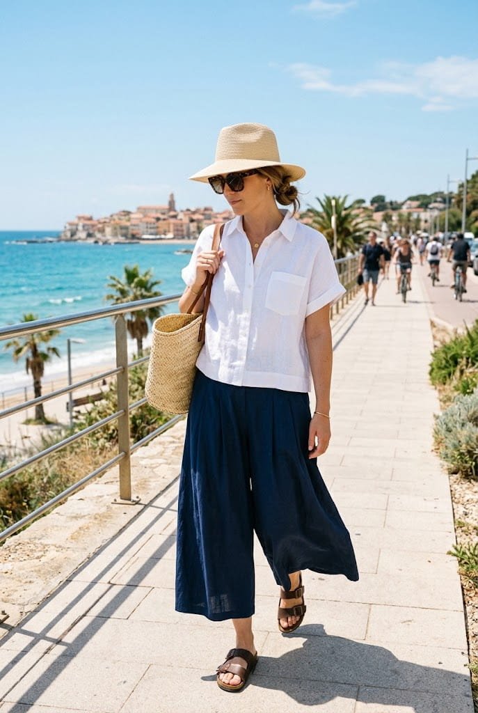 High waisted pleat front culottes paired with a boxy linen shirt for summer apron belly outfits for ladies.