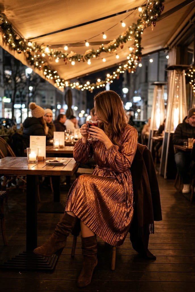 Pleated metallic copper midi dress with chocolate boots for holiday party outfits.