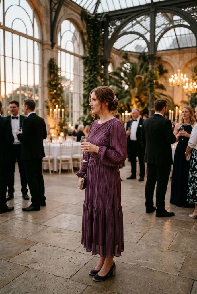 Plum purple plissé winter wedding guest dress with bishop sleeves and crystal French twist.
