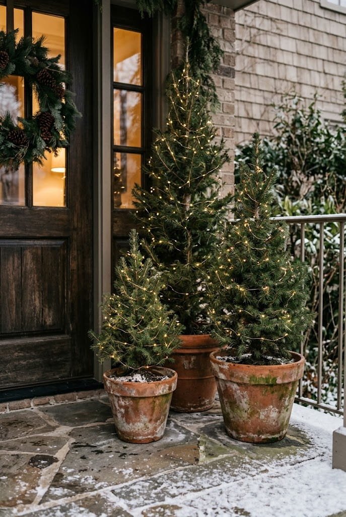 Clustered potted evergreen trees in aged terracotta pots for small christmas porch ideas.