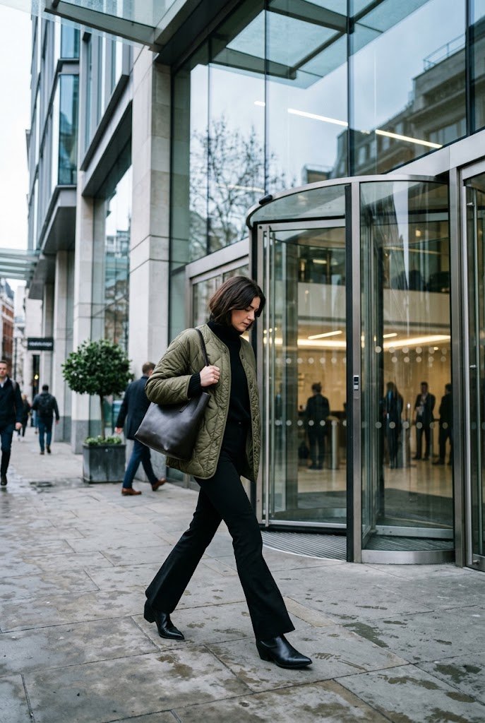 Olive quilted lightweight jacket styled with black flare pants for fall casual Friday work outfits.