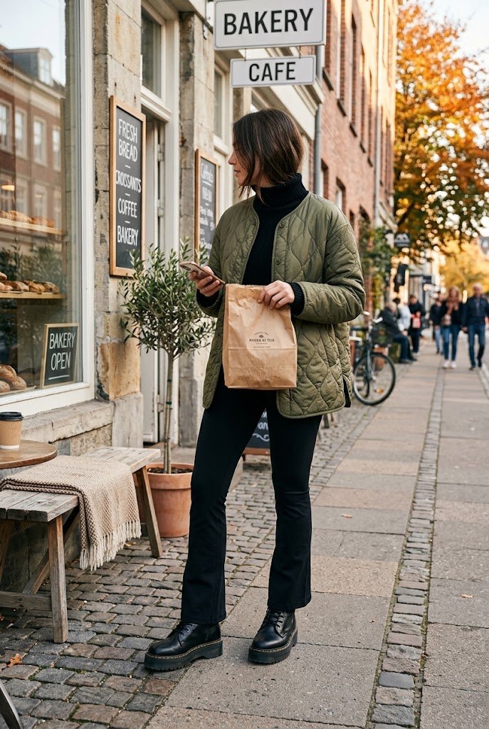 Olive quilted liner jacket with lug-sole boots and black flare leggings for how to style flare leggings.