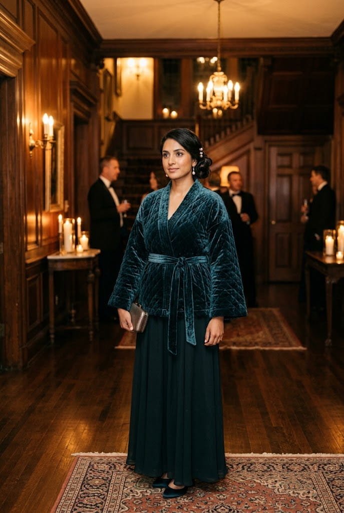 Quilted velvet wrap jacket for warm outerwear for winter wedding guest solutions.