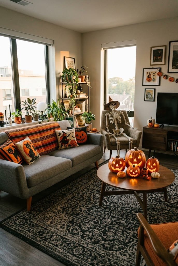Retro apartment living room with skeleton in armchair and glowing pumpkin coffee table for classy living room halloween decor on a budget.