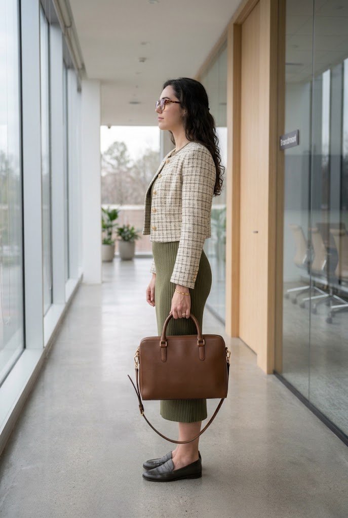 Sleeveless knit midi dress topped with a cropped tweed jacket for business casual Friday outfits.