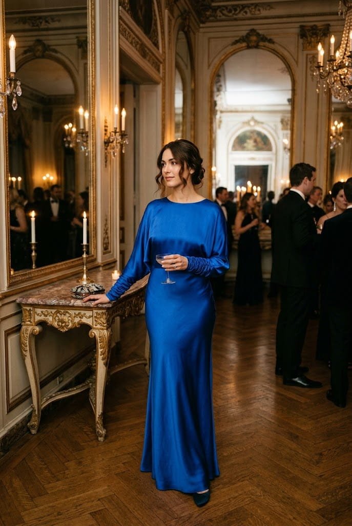 Royal sapphire satin winter wedding guest dress with dolman sleeves and French chignon.