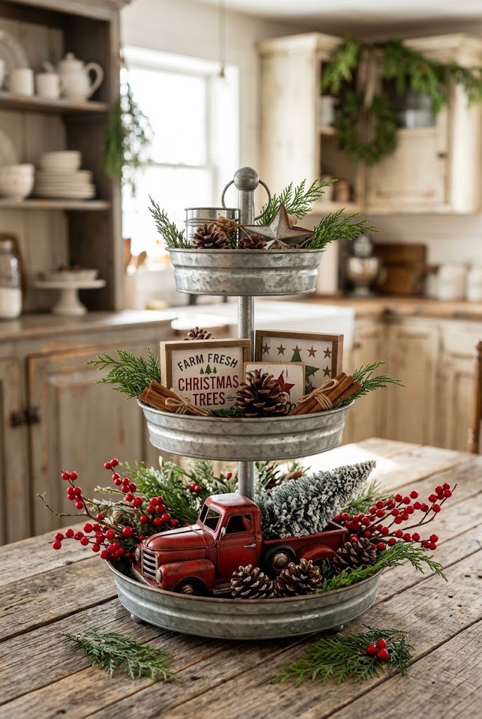 Galvanized metal three-tier tray with red truck for farmhouse christmas tiered tray styling.