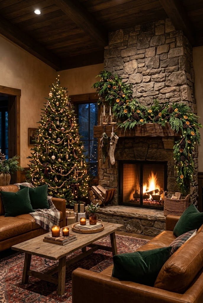 Full rustic stone fireplace living room with cognac leather sofa and cedar garland for rustic christmas living room decor.