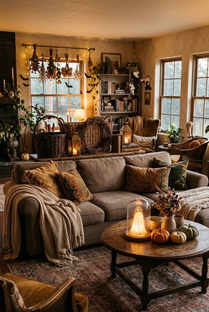 Rustic bohemian living room with ghost cloche and wicker console decor for cozy living room halloween decor.