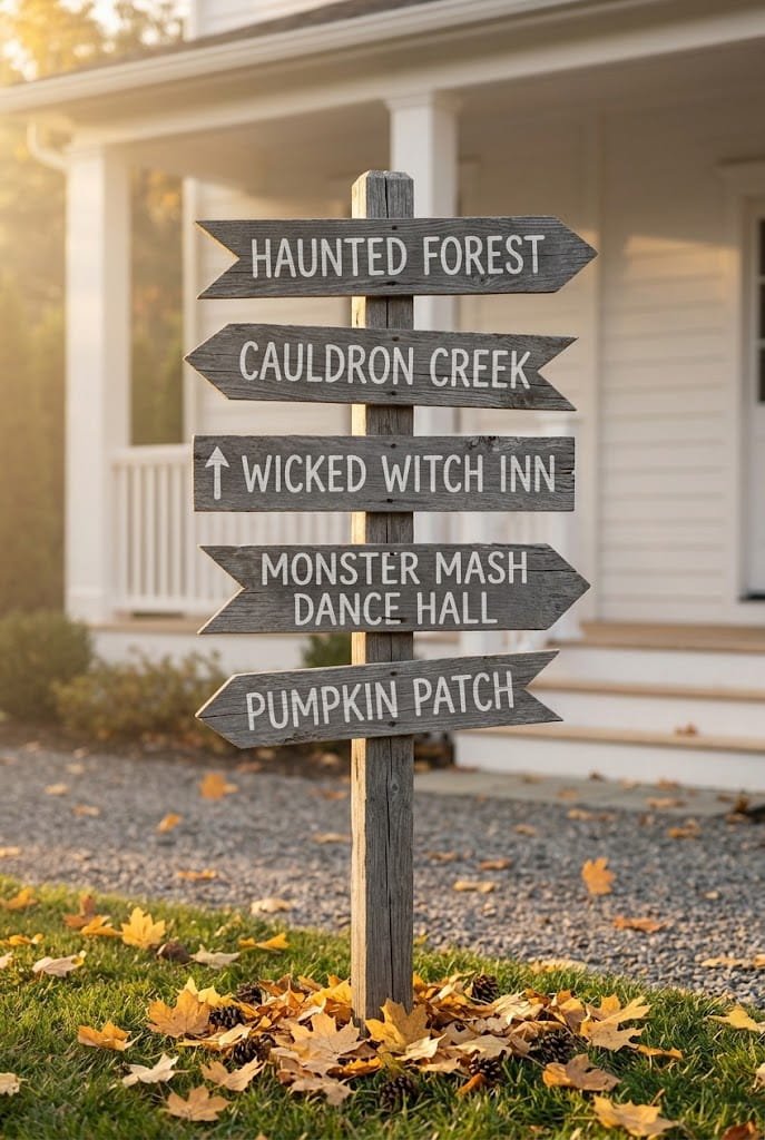 Rustic wooden pallet warning signs along driveway for budget friendly outdoor halloween decor.