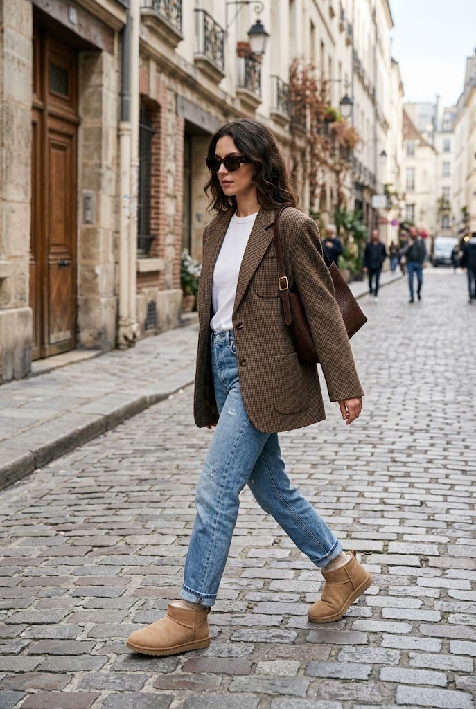 Sand mini UGG boots with houndstooth blazer and straight jeans for chic ugg boots outfit ideas.