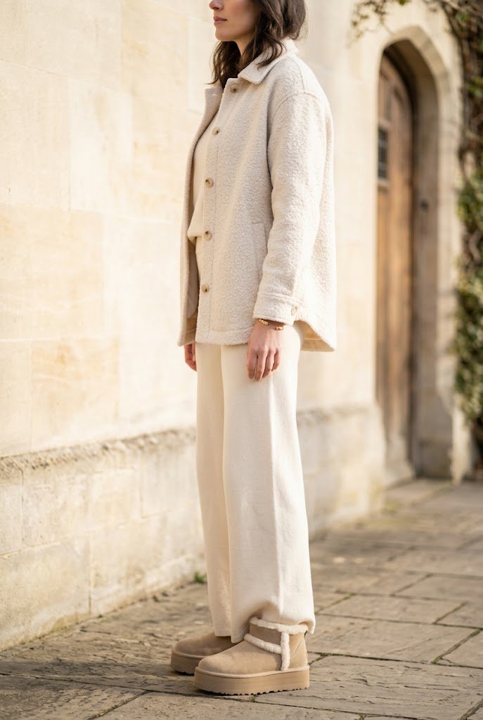 Sand platform UGG boots with cream knit trousers and boucle shacket for platform uggs outfit ideas.