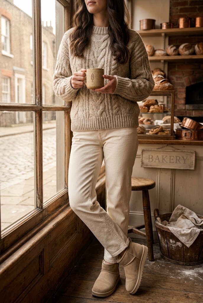 Sand ultra mini UGGs with cream straight leg jeans and cable knit sweater for how to style ugg boots.