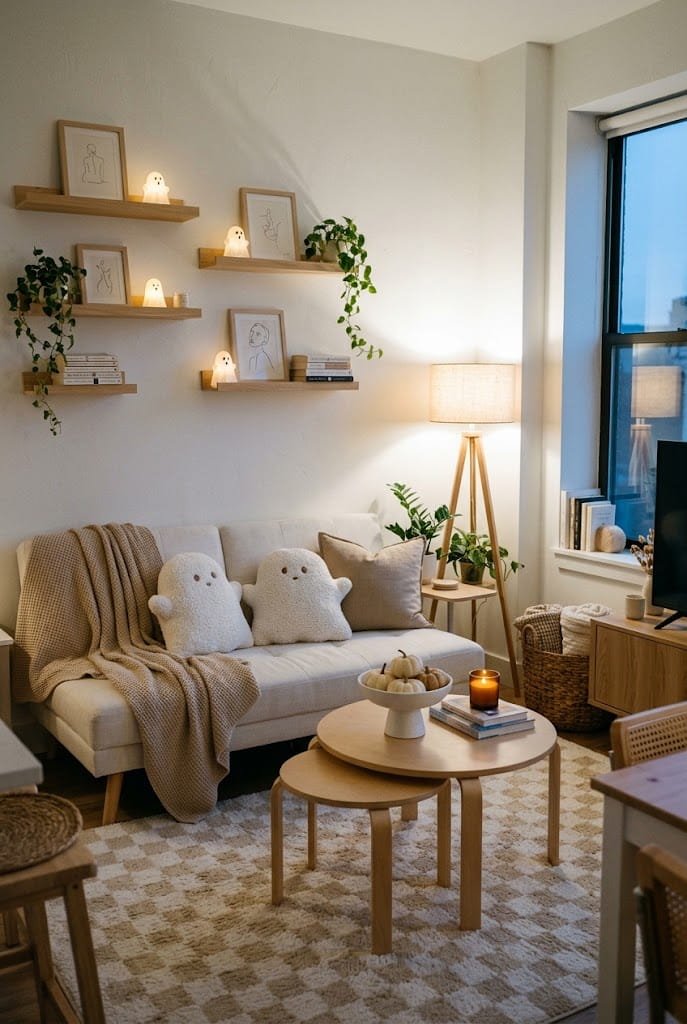 Scandinavian hygge studio living room with ghost pillows and blonde wood coffee table for cozy living room halloween decor.