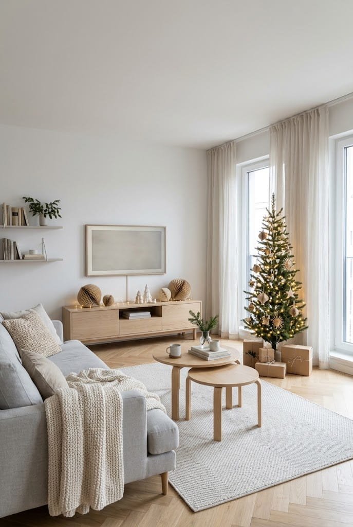 Full Scandinavian apartment living room with ash console, slim tree, and linen couch for simple christmas living room decor.