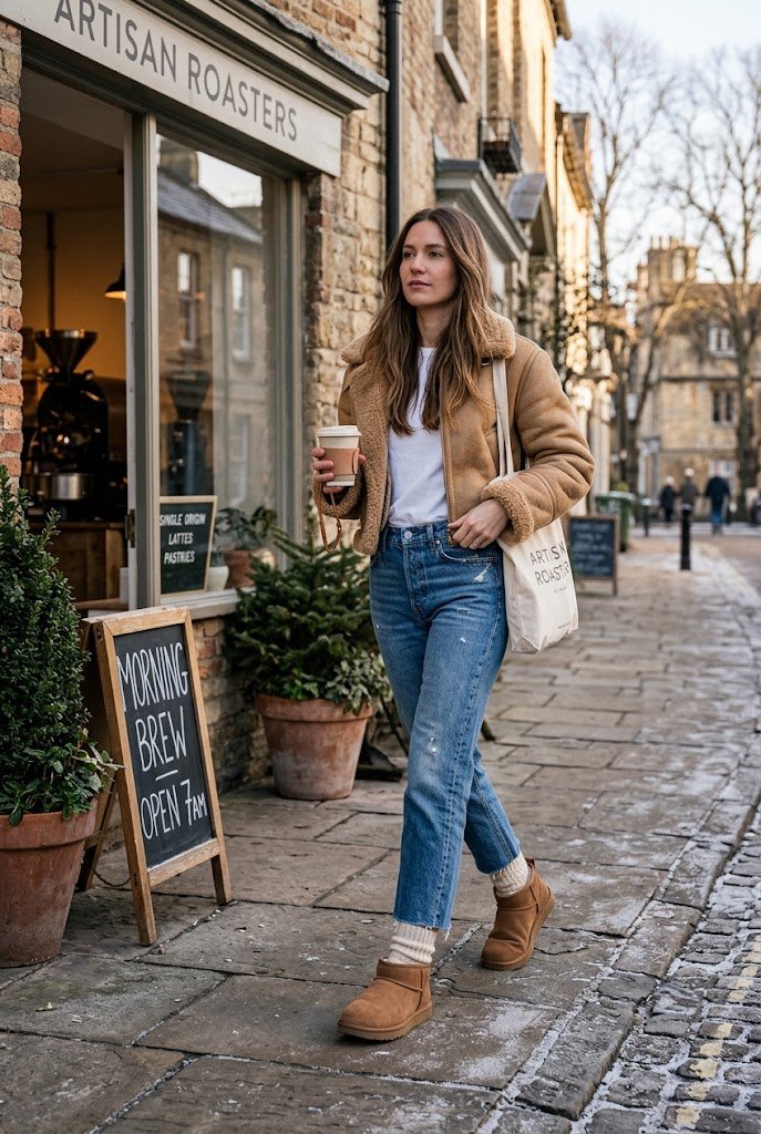 Cropped shearling bomber jacket styled with straight jeans and chestnut ultra mini UGGs.