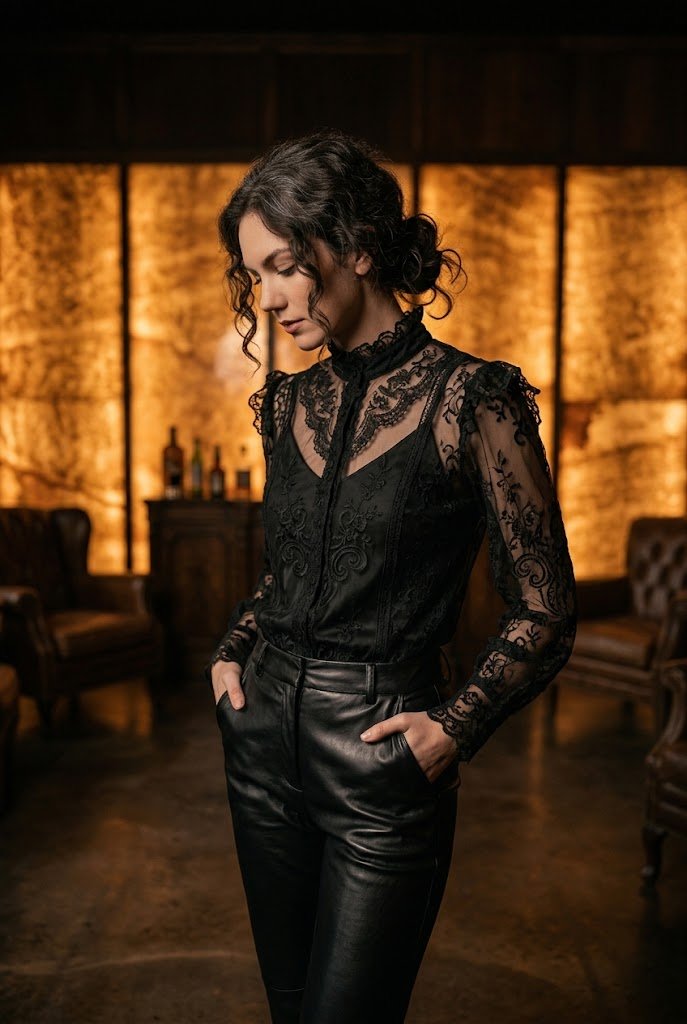 Sheer black lace blouse paired with leather trousers for spooky halloween outfits party style.