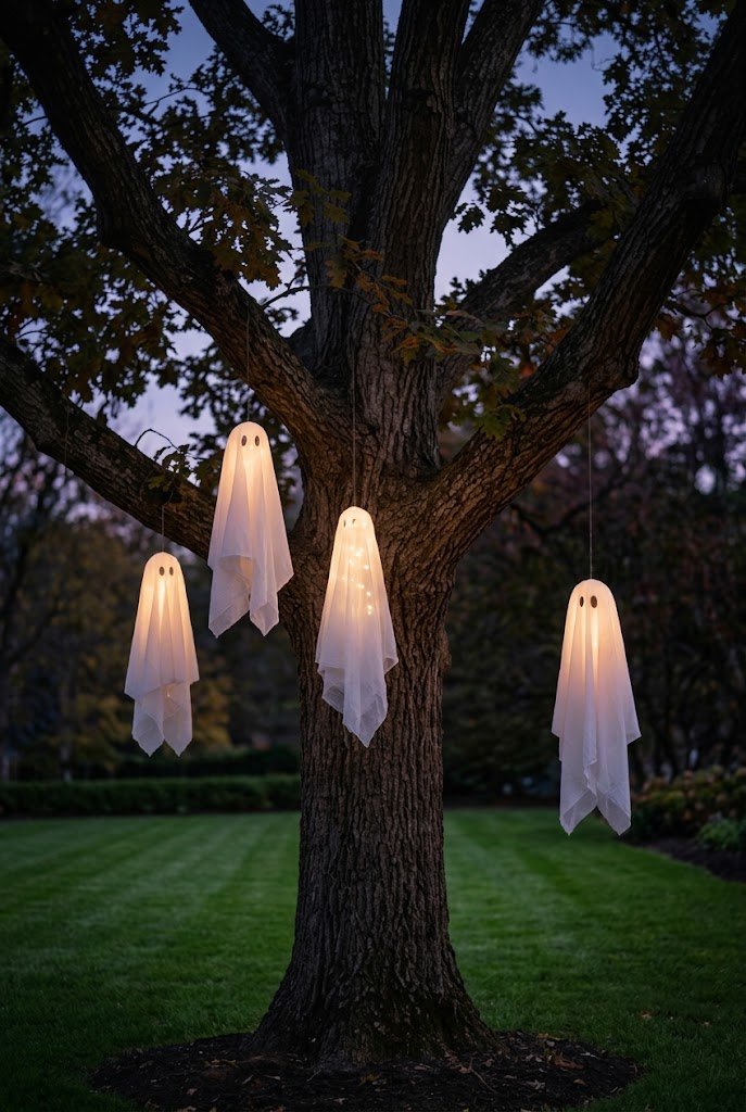 Sheer gauze floating ghosts hanging from yard tree branches for easy halloween outdoor decor ideas.