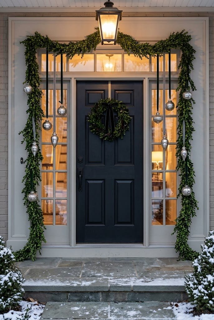 Sidelight window boxwood garlands with mercury glass ornaments for front porch christmas decorating ideas.
