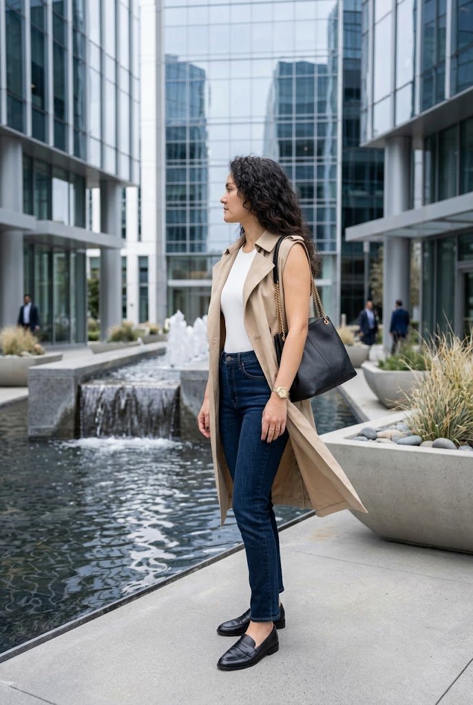 Sleeveless khaki trench vest worn over dark denim for chic casual Friday work outfit ideas.
