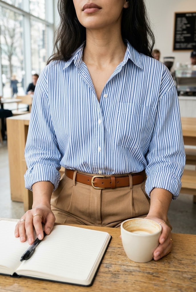 Striped blue poplin button-down shirt paired with camel trousers for smart casual office Friday.
