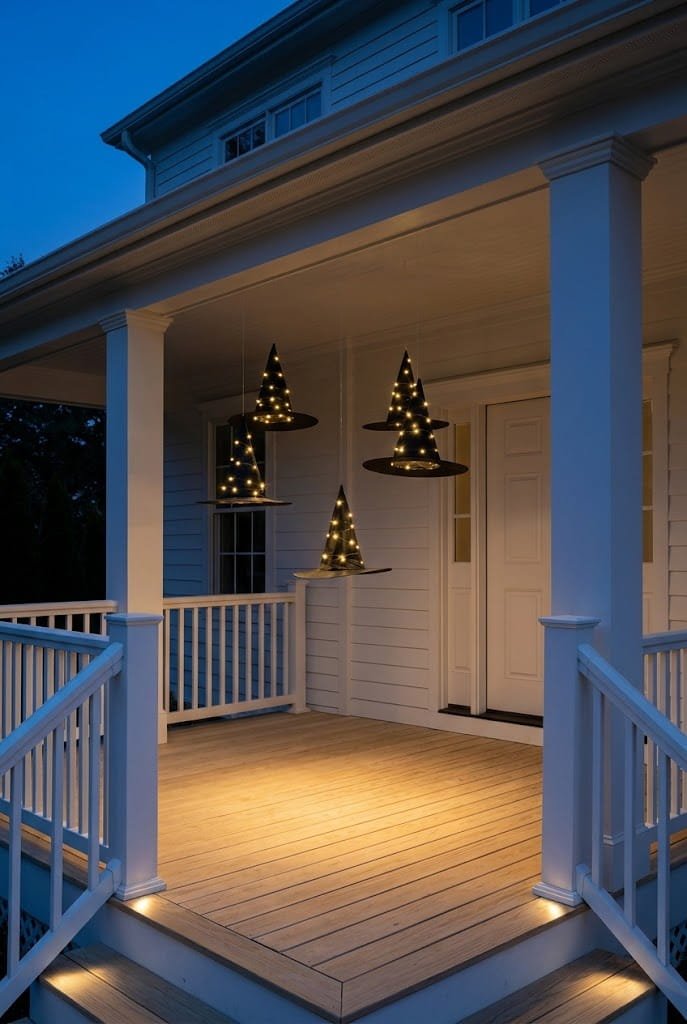 Floating witch hats with fairy lights under porch roof for easy outdoor halloween decor ideas.