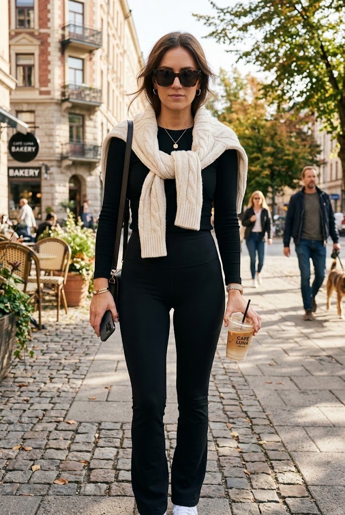 Knit sweater tied over shoulders with long-sleeve top and flare leggings for casual outfits.