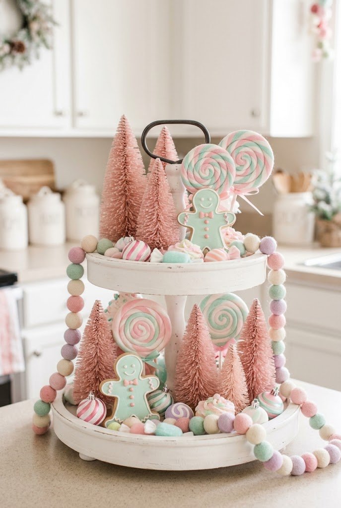 Pastel pink bottle brush trees and candy accents for diy christmas tiered tray setups.