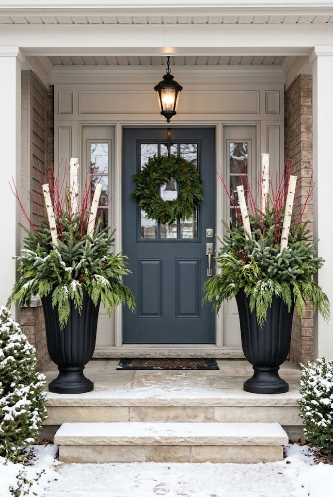 Symmetrical fluted black urn planters with spruce tops and birch poles for outdoor christmas planter ideas.