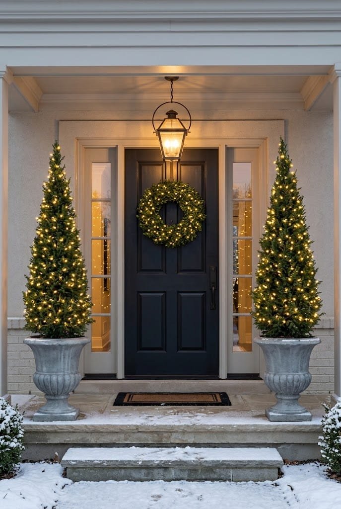 Symmetrical lighted conical topiary trees in concrete urns for front porch christmas decorating ideas.