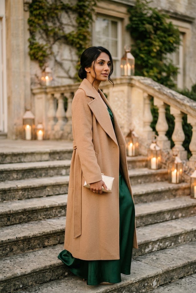 Ankle-length camel wool wrap coat worn as outerwear for winter wedding guest styling.