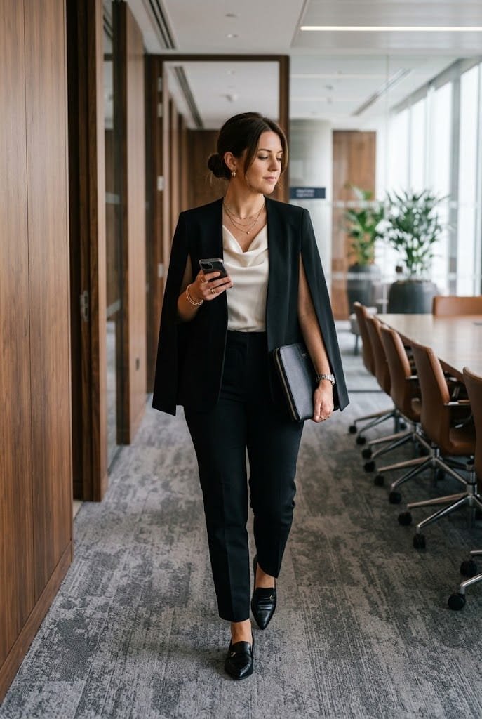 Tailored cape blazer styled with straight trousers for professional apron belly outfits for work.