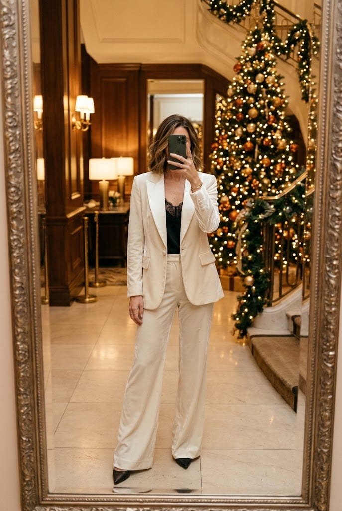 Tailored ivory tuxedo pantsuit with lace camisole for work christmas party outfit ideas.