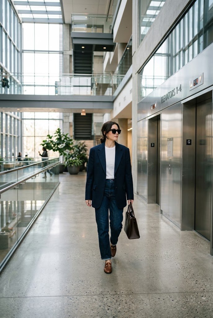 Tailored navy blazer paired with dark indigo straight denim for casual Friday work outfit ideas.