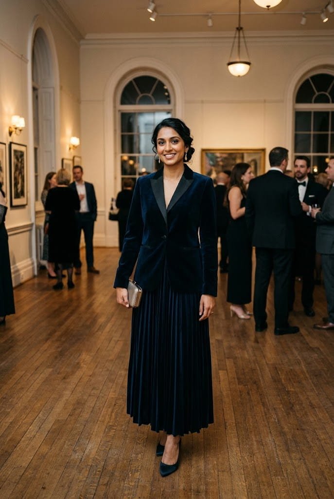 Tailored velvet blazer with satin lapels for chic winter wedding coat options.
