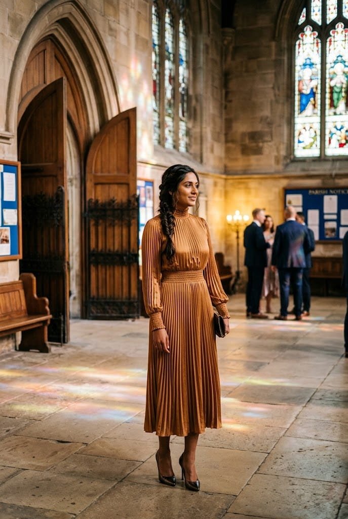 Tawny gold pleated satin midi dress with smocked cuffs for warm winter wedding guest dresses.