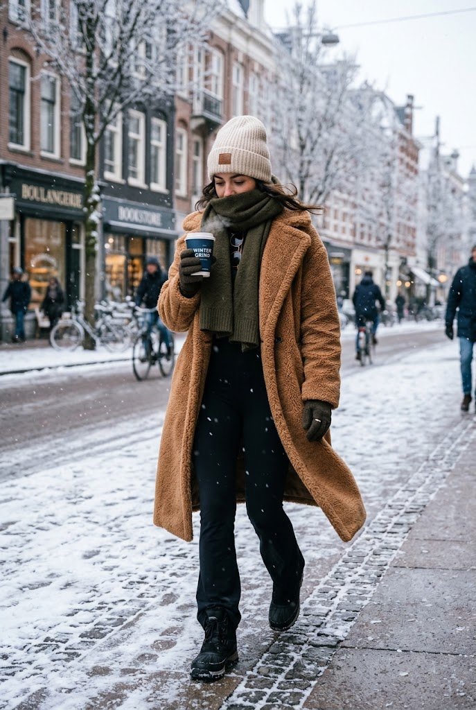 Plush camel teddy shearling coat styled with black flare leggings for what to wear with flared leggings in winter.
