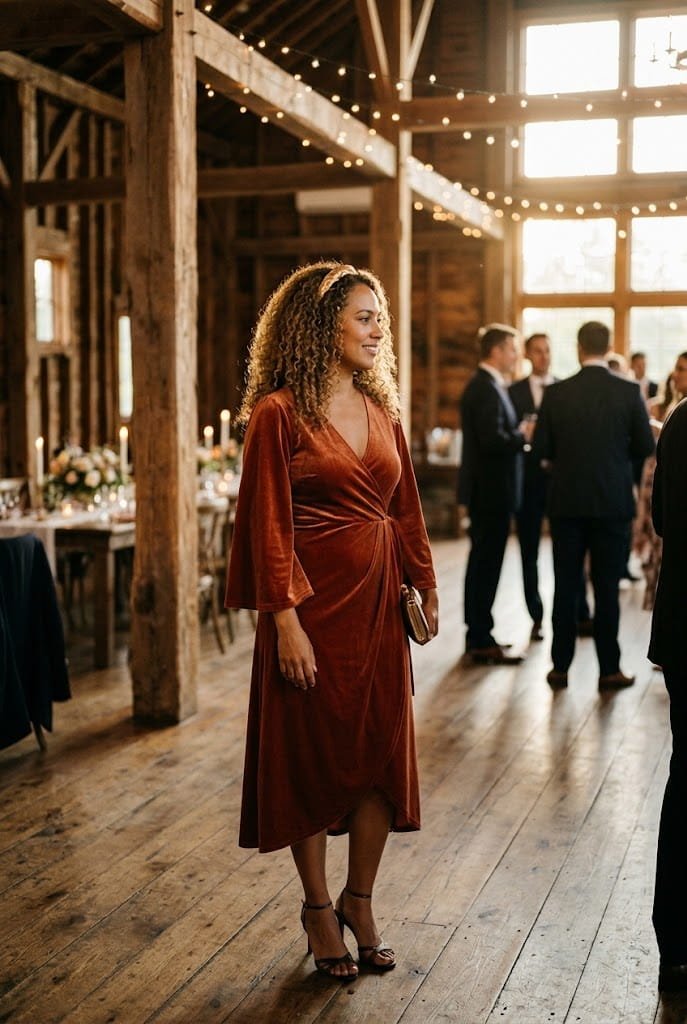 Terracotta rust stretch velvet midi dress with flutter sleeves for velvet winter wedding guest dress ideas.