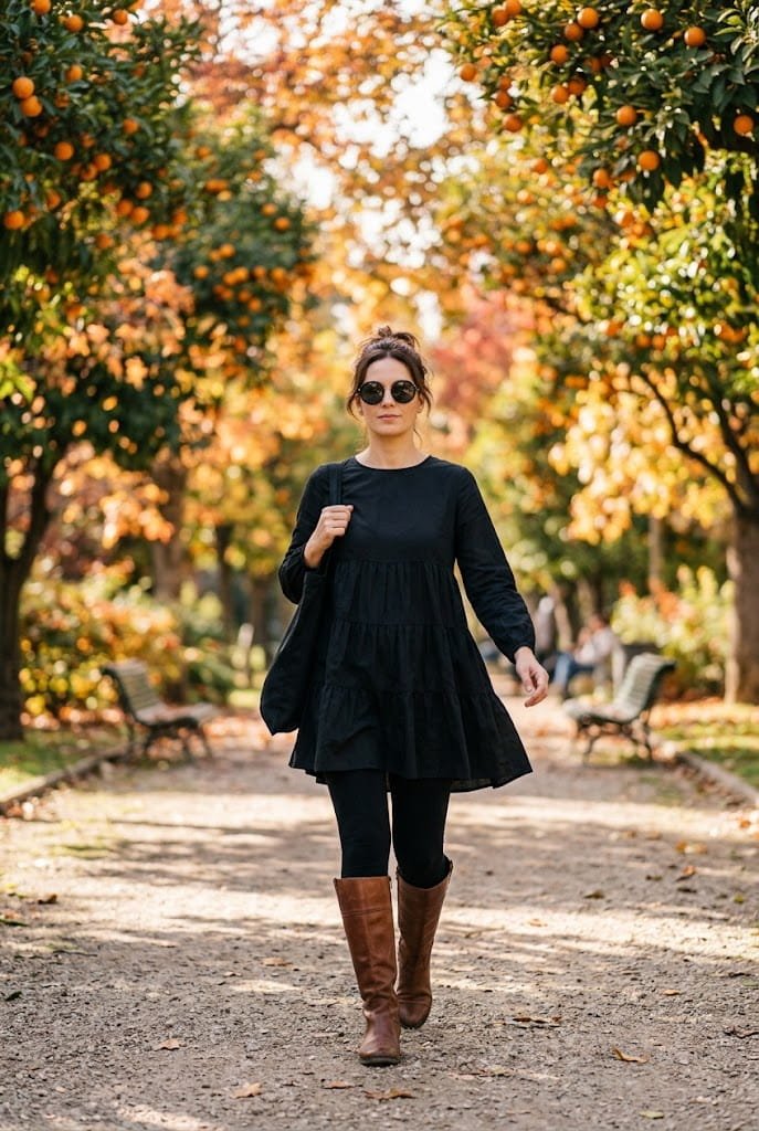 Tiered babydoll tunic paired with leggings and riding boots for comfortable apron belly outfits for ladies.