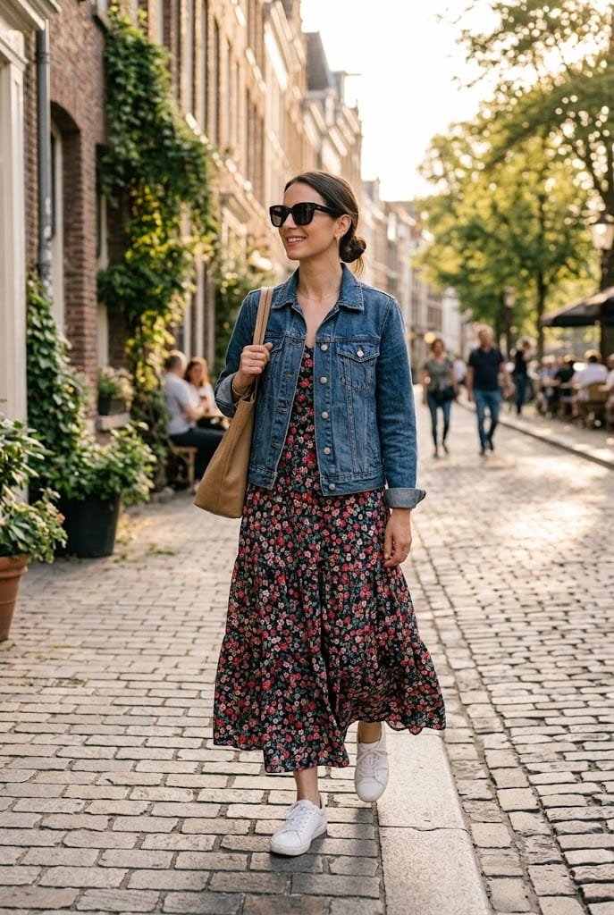 Tiered flowy maxi dress layered with a cropped denim jacket for apron belly dress styles.