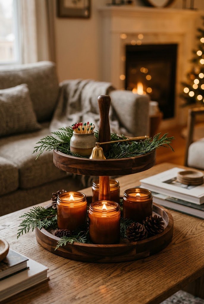 Holiday scented jar candles and brass match striker for rustic christmas tiered tray decor.