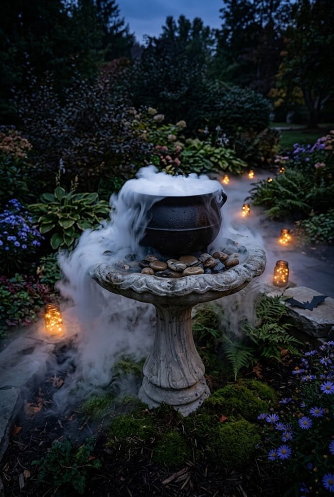 Stone birdbath with cast iron misting cauldron for cheap halloween yard decorations.