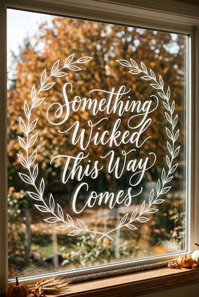 Vintage typography calligraphy quote painted on glass for cute outdoor halloween decorations.
