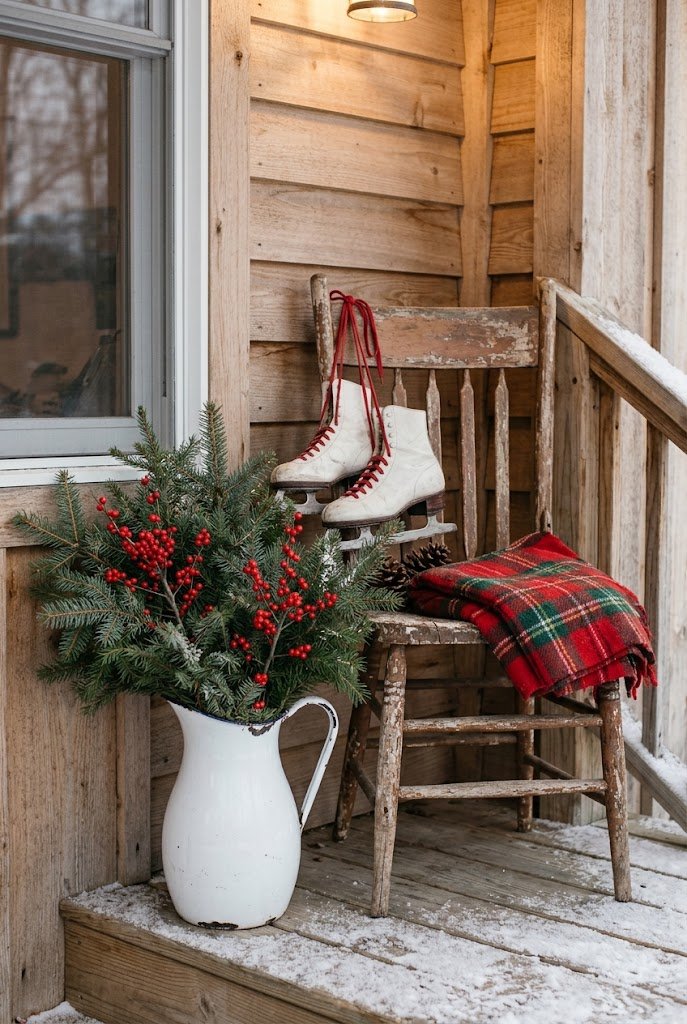 Vintage white enamel pitcher with evergreens and ice skates for rustic christmas porch decor.