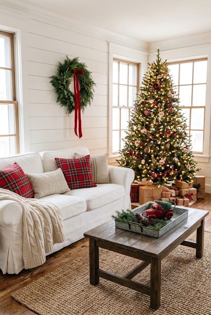 Complete farmhouse Christmas living room with slipcovered couch, plaid pillows, and tree for cozy holiday living room ideas.