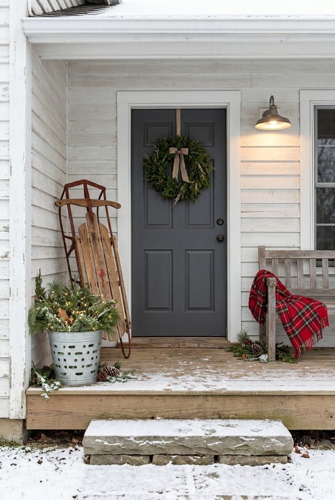 Antique wooden sled and galvanized olive bucket with pine boughs for rustic christmas porch decor.